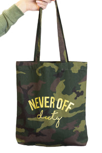 Never Off Duty Camo and gold bag