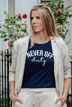 Load image into Gallery viewer, Navy Never Off Duty t-shirt styled by Mama Life London